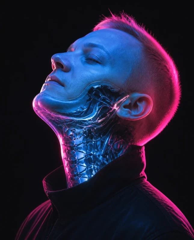 Portrait futuriste de Mathis Gosselin, fondateur de NOEM INFO, en cyborg éclairé de néon cérulé et rose